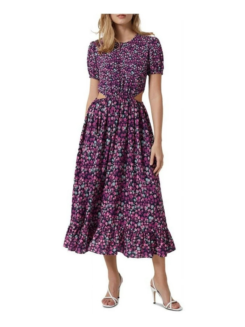 French Connection Short-Sleeve Floral Ruffle Midi Dress with Cut-outs Size 2 NWT